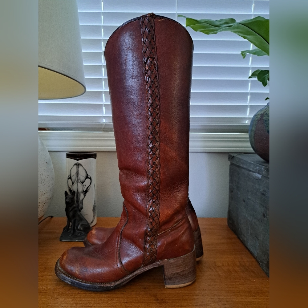 FRYE Vintage Black Label Braided Sabrina Campus Brown Western Boots 8